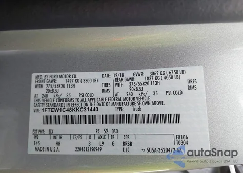 2019 Ford F-150 Lariat из США, поврежденный, VIN 1FTEW1C48KKC31440